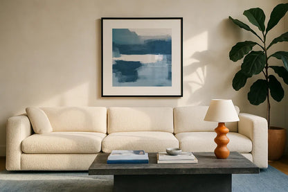 Escalante Mood Blue and White Sq by Danhui Nai. Displayed in a glass frame with matte in a clean modern living room. Available as an archival giclee rolled canvas, fine art paper, or poster print. SKU 77485a.