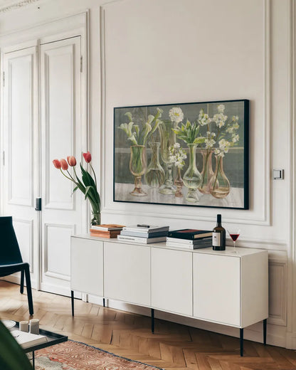 Essence of May Amber by Danhui Nai. shown as a framed stretched canvas in a living room above a console. Available as a archival giclee rolled canvas, fine art paper, or poster print. SKU 56172i.