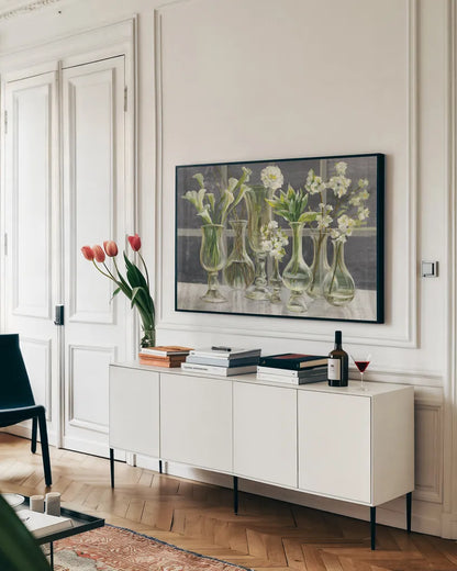 Essence of May Dark Gray by Danhui Nai. shown as a framed stretched canvas in a living room above a console. Available as a archival giclee rolled canvas, fine art paper, or poster print. SKU 54174i.