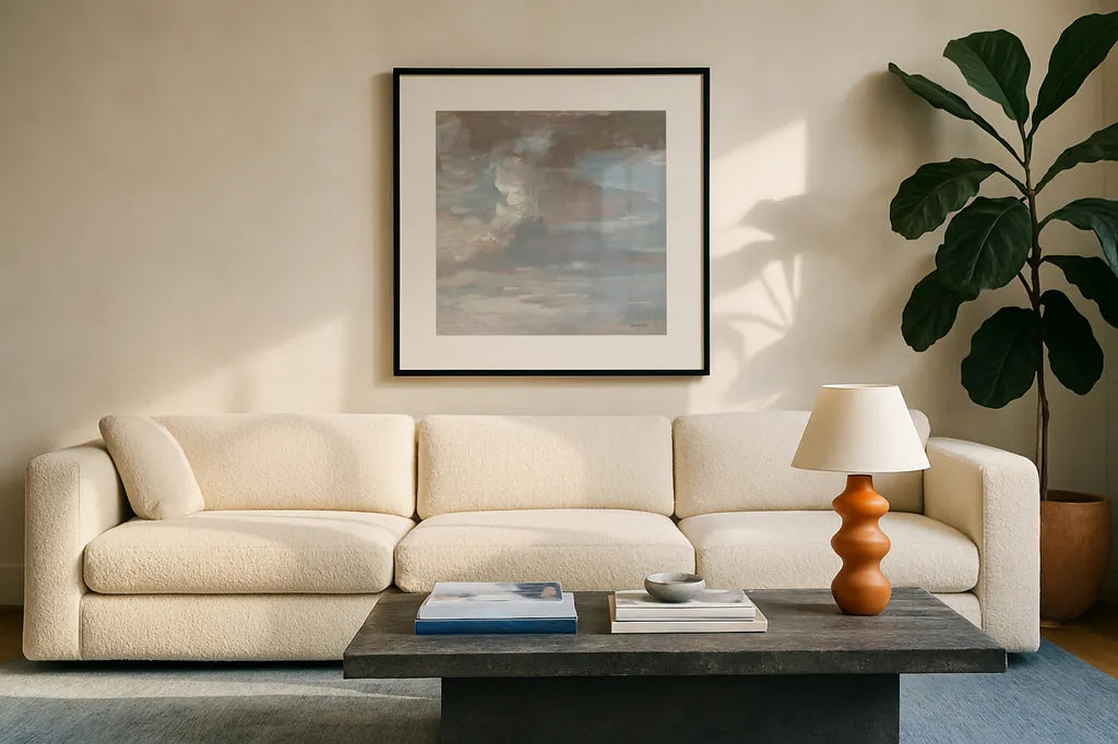 Ethereal Sky by Danhui Nai. Displayed in a glass frame with matte in a clean modern living room. Available as an archival giclee rolled canvas, fine art paper, or poster print. SKU 84443a.