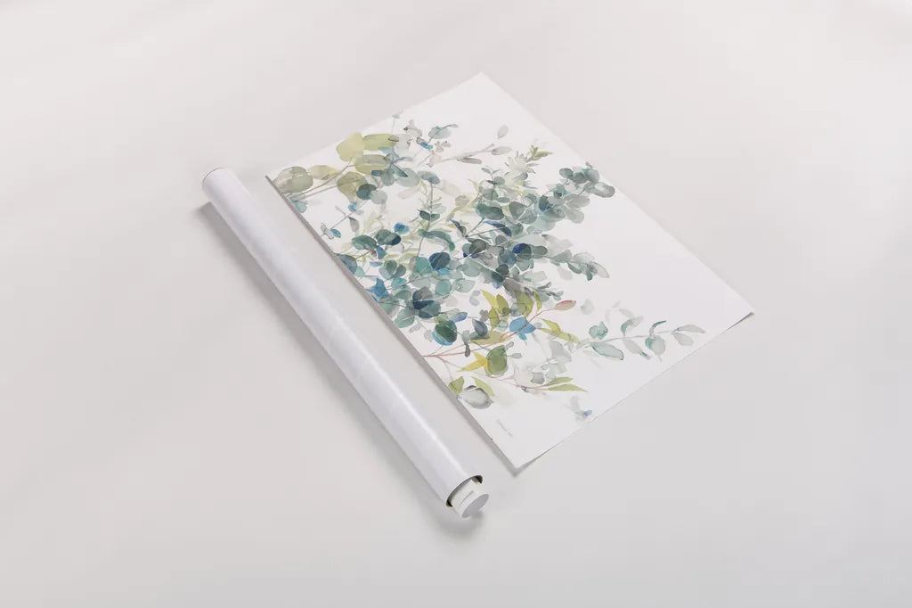 Eucalyptus I White Crop by Danhui Nai. shown as a rolled paper print. Available as archival giclee rolled canvas, fine art paper, or poster print. SKU 35489i.