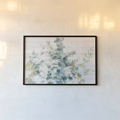 Eucalyptus I on Shiplap Crop by Danhui Nai. shown as a paper print in a black flame. Available as a archival giclee rolled canvas, fine art paper, or poster print. SKU 36124i.