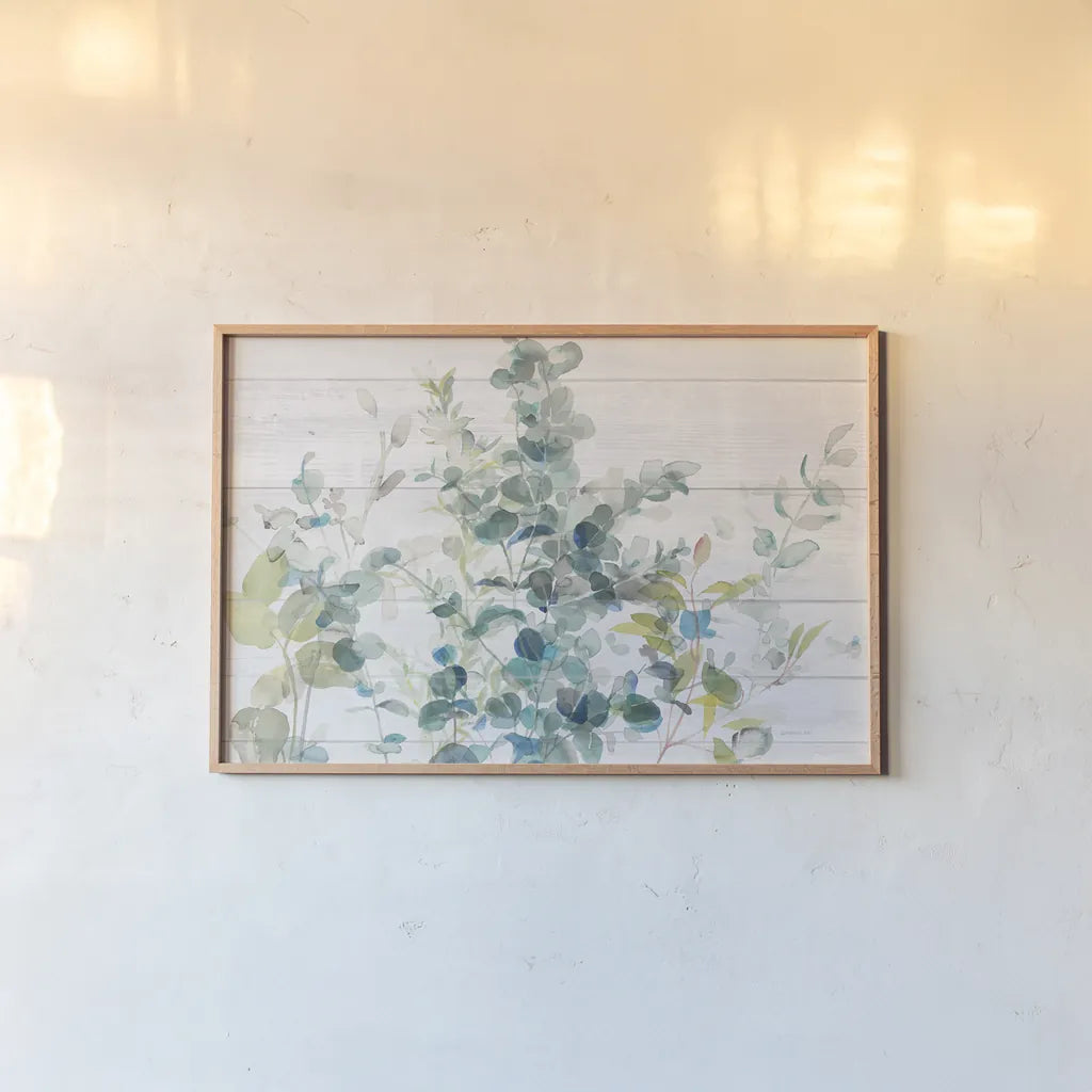 Eucalyptus I on Shiplap Crop by Danhui Nai. shown as a paper print in a natural frame. Available as a archival giclee rolled canvas, fine art paper, or poster print. SKU 36124i.