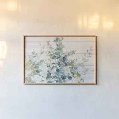 Eucalyptus I on Shiplap Crop by Danhui Nai. shown as a paper print in a natural frame. Available as a archival giclee rolled canvas, fine art paper, or poster print. SKU 36124i.