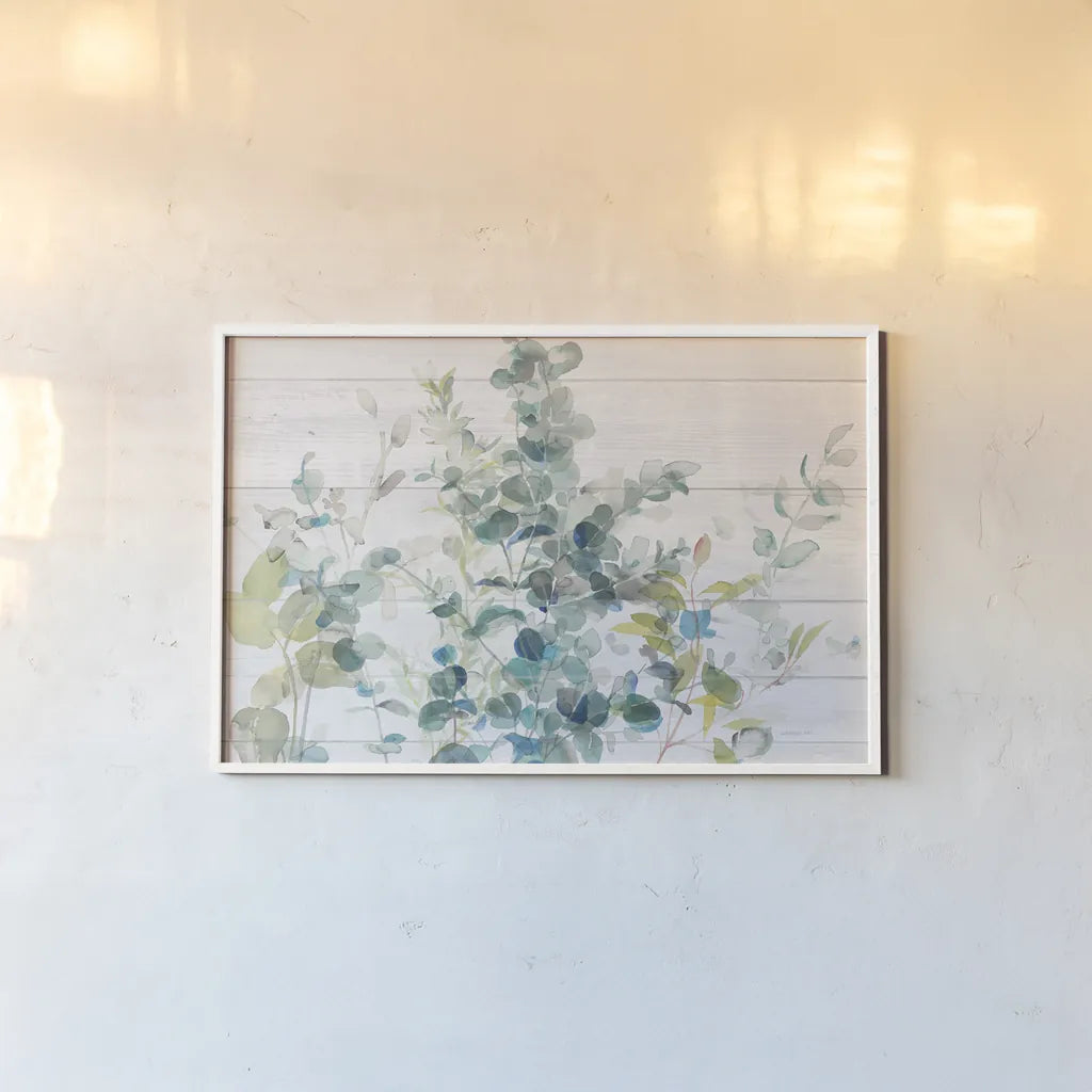 Eucalyptus I on Shiplap Crop by Danhui Nai. shown as a paper print in a white frame. Available as a archival giclee rolled canvas, fine art paper, or poster print. SKU 36124i.