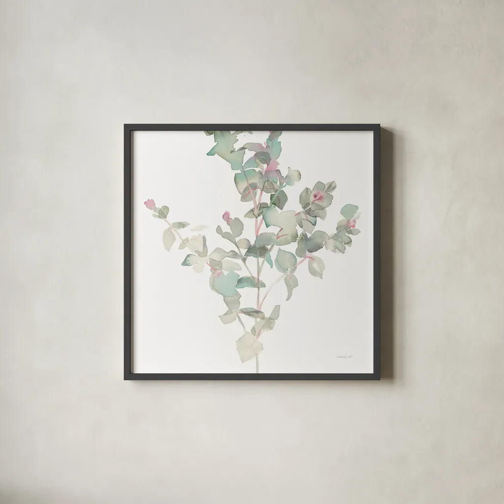 Eucalyptus II White Crop by Danhui Nai. Shown in a sleek black glass frame for a contemporary gallery look. Available as an archival giclee rolled canvas, fine art paper, or poster print. SKU 35490a.