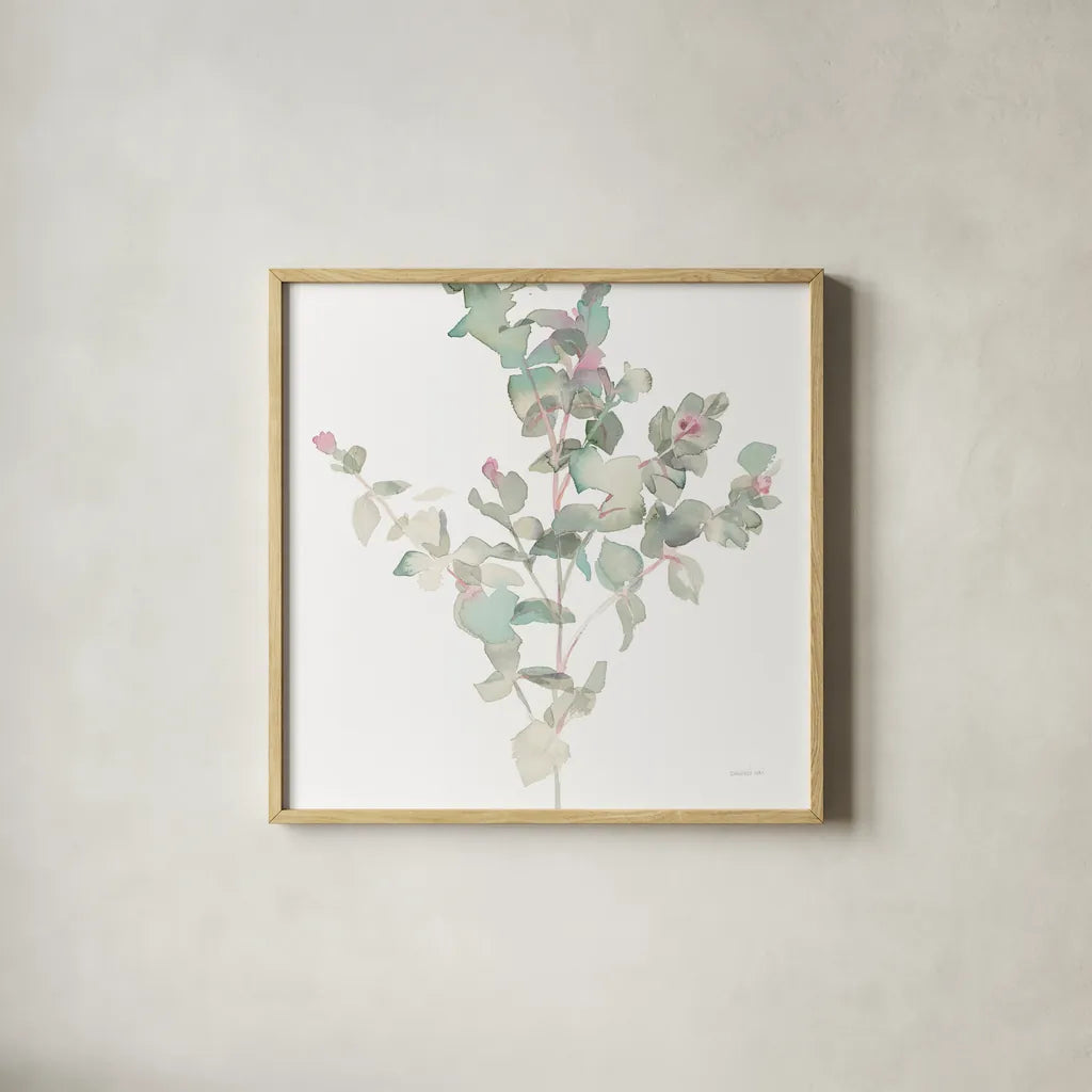 Eucalyptus II White Crop by Danhui Nai. Shown in a natural wood glass frame for a timeless modern aesthetic. Available as an archival giclee rolled canvas, fine art paper, or poster print. SKU 35490a.