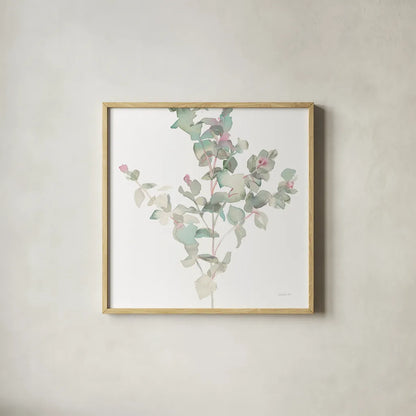 Eucalyptus II White Crop by Danhui Nai. Shown in a natural wood glass frame for a timeless modern aesthetic. Available as an archival giclee rolled canvas, fine art paper, or poster print. SKU 35490a.