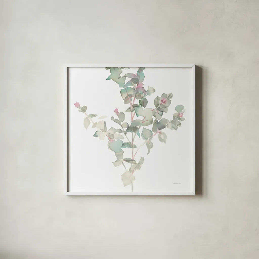 Eucalyptus II White Crop by Danhui Nai. Shown in a crisp white glass frame for a clean and minimalist style. Available as an archival giclee rolled canvas, fine art paper, or poster print. SKU 35490a.