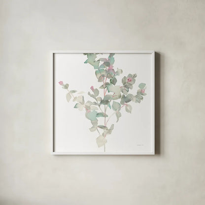 Eucalyptus II White Crop by Danhui Nai. Shown in a crisp white glass frame for a clean and minimalist style. Available as an archival giclee rolled canvas, fine art paper, or poster print. SKU 35490a.