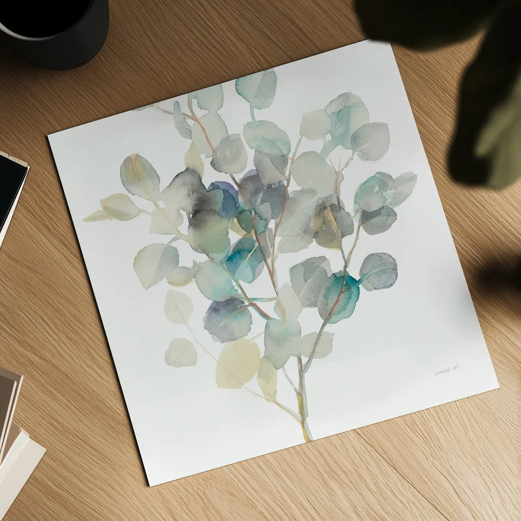 Eucalyptus III White Crop by Danhui Nai. Shown as a detailed flat fine art print, highlighting archival giclee quality. Available as an archival giclee rolled canvas, fine art paper, or poster print. SKU 35491a.