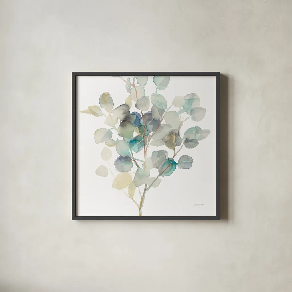 Eucalyptus III White Crop by Danhui Nai. Shown in a sleek black glass frame for a contemporary gallery look. Available as an archival giclee rolled canvas, fine art paper, or poster print. SKU 35491a.