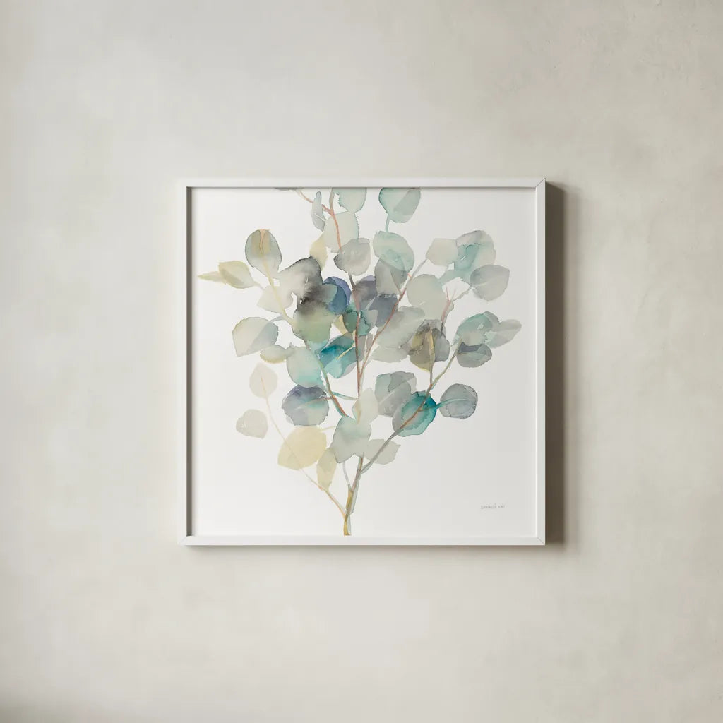 Eucalyptus III White Crop by Danhui Nai. Shown in a crisp white glass frame for a clean and minimalist style. Available as an archival giclee rolled canvas, fine art paper, or poster print. SKU 35491a.
