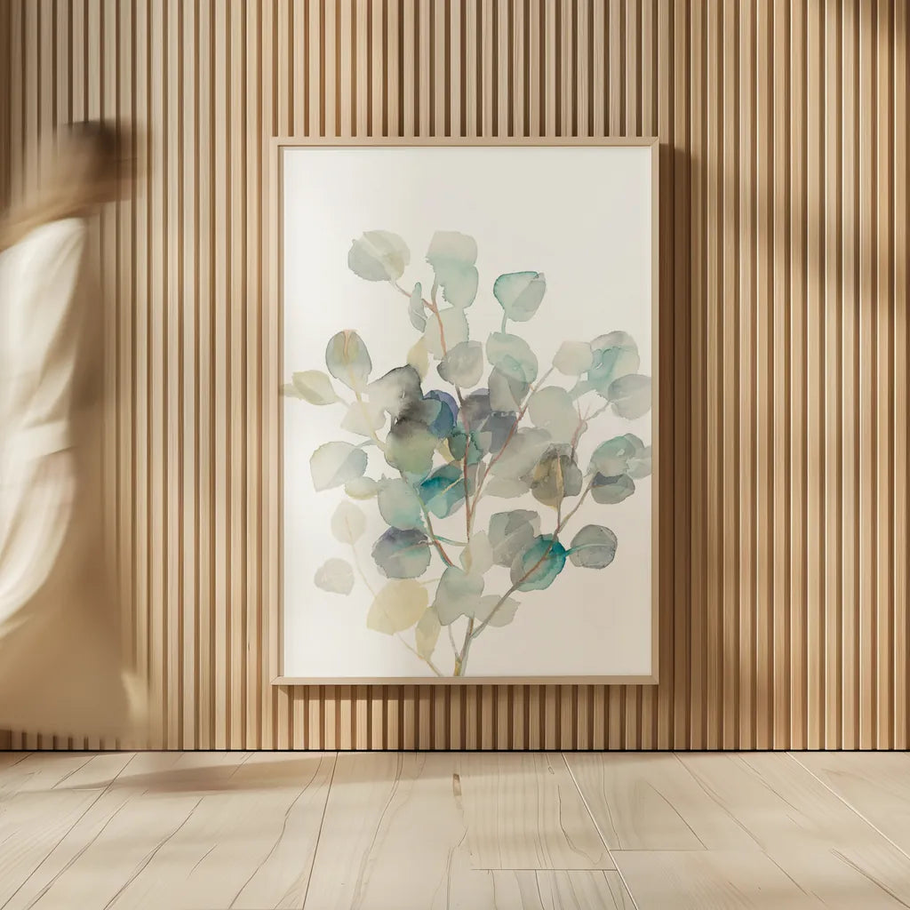 Eucalyptus III White Crop by Danhui Nai. shown as over sized large wall art. Available as an archival giclee rolled canvas, fine art paper, or poster print. SKU 35491h.