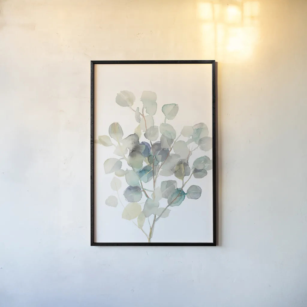 Eucalyptus III White Crop by Danhui Nai. shown as a paper print in a black flame. Available as a archival giclee rolled canvas, fine art paper, or poster print. SKU 35491h.