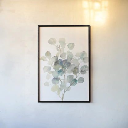 Eucalyptus III White Crop by Danhui Nai. shown as a paper print in a black flame. Available as a archival giclee rolled canvas, fine art paper, or poster print. SKU 35491h.