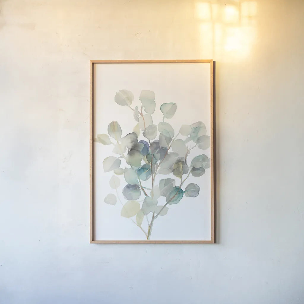 Eucalyptus III White Crop by Danhui Nai. shown as a paper print in a natural frame. Available as a archival giclee rolled canvas, fine art paper, or poster print. SKU 35491h.