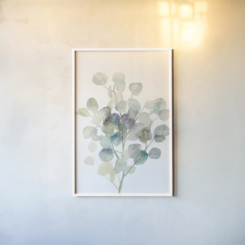 Eucalyptus III White Crop by Danhui Nai. shown as a paper print in a white frame. Available as a archival giclee rolled canvas, fine art paper, or poster print. SKU 35491h.