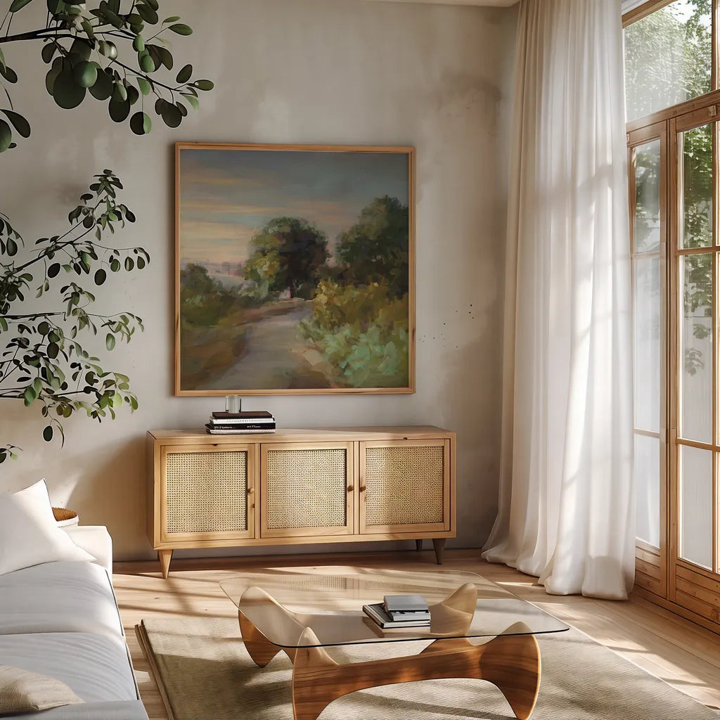 Eucalyptus Trail by Danhui Nai. Shown in a natural wood frame in a cozy modern living room. Available as an archival giclee rolled canvas, fine art paper, or poster print. SKU 64350a.