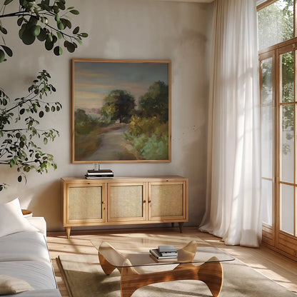 Eucalyptus Trail by Danhui Nai. Shown in a natural wood frame in a cozy modern living room. Available as an archival giclee rolled canvas, fine art paper, or poster print. SKU 64350a.