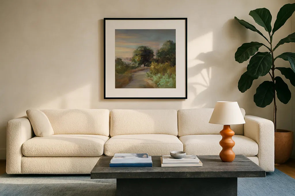 Eucalyptus Trail by Danhui Nai. Displayed in a glass frame with matte in a clean modern living room. Available as an archival giclee rolled canvas, fine art paper, or poster print. SKU 64350a.