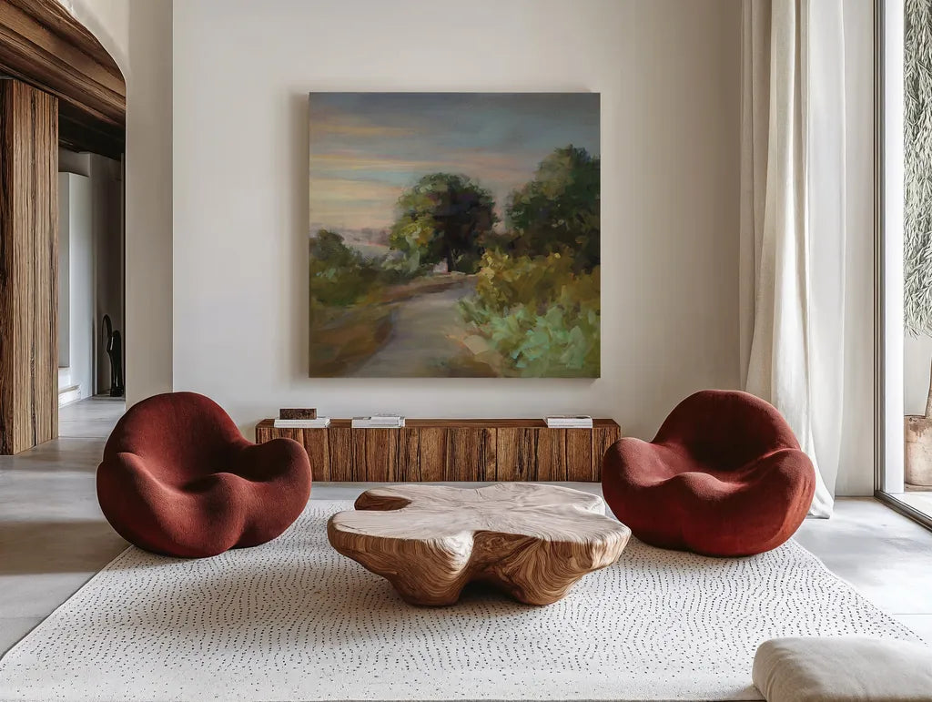 Eucalyptus Trail by Danhui Nai. Shown as extra-large giant wall art in a modern living room. Available as an archival giclee rolled canvas, fine art paper, or poster print. SKU 64350a.