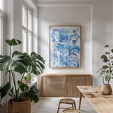 Exotic Blue II by Danhui Nai. shown as a print in a natural wood frame in a dining room. Available as a archival giclee rolled canvas, fine art paper, or poster print. SKU 68224h.