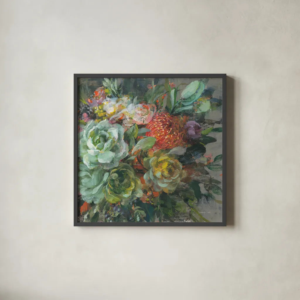 Exotic Bouquet by Danhui Nai. Shown in a sleek black glass frame for a contemporary gallery look. Available as an archival giclee rolled canvas, fine art paper, or poster print. SKU 81245a.