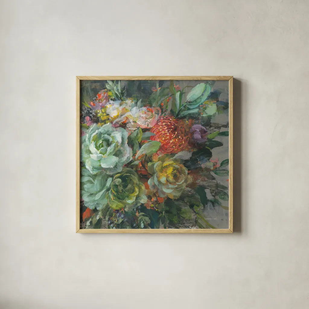 Exotic Bouquet by Danhui Nai. Shown in a natural wood glass frame for a timeless modern aesthetic. Available as an archival giclee rolled canvas, fine art paper, or poster print. SKU 81245a.