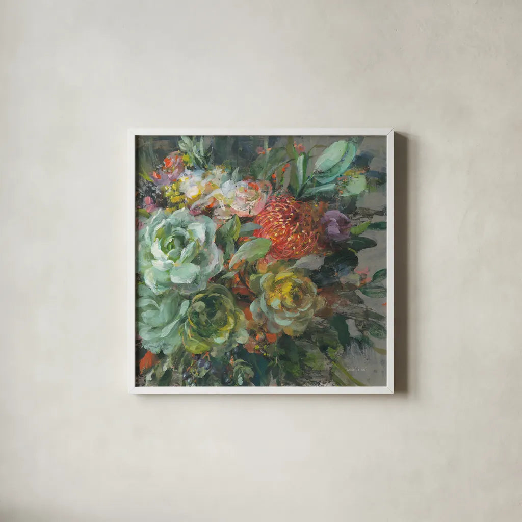 Exotic Bouquet by Danhui Nai. Shown in a crisp white glass frame for a clean and minimalist style. Available as an archival giclee rolled canvas, fine art paper, or poster print. SKU 81245a.