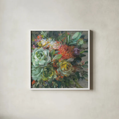 Exotic Bouquet by Danhui Nai. Shown in a crisp white glass frame for a clean and minimalist style. Available as an archival giclee rolled canvas, fine art paper, or poster print. SKU 81245a.