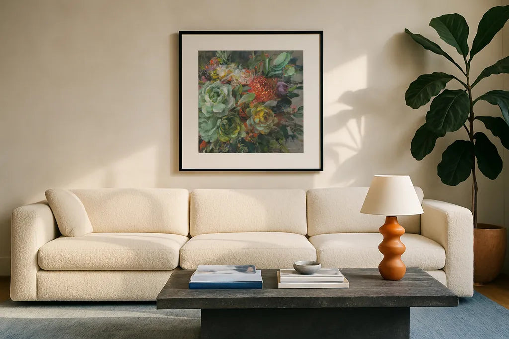Exotic Bouquet by Danhui Nai. Displayed in a glass frame with matte in a clean modern living room. Available as an archival giclee rolled canvas, fine art paper, or poster print. SKU 81245a.
