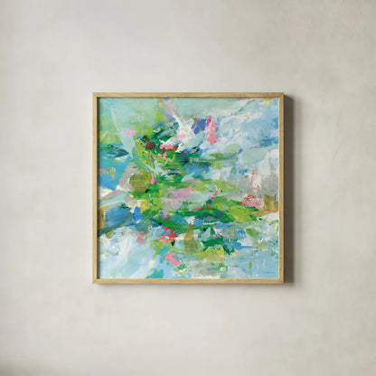 Exuding Summer by Danhui Nai. Shown in a natural wood glass frame for a timeless modern aesthetic. Available as an archival giclee rolled canvas, fine art paper, or poster print. SKU 79149a.