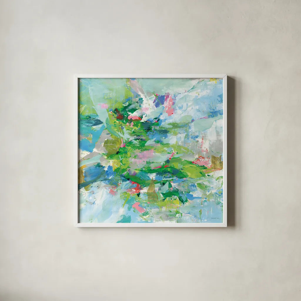 Exuding Summer by Danhui Nai. Shown in a crisp white glass frame for a clean and minimalist style. Available as an archival giclee rolled canvas, fine art paper, or poster print. SKU 79149a.