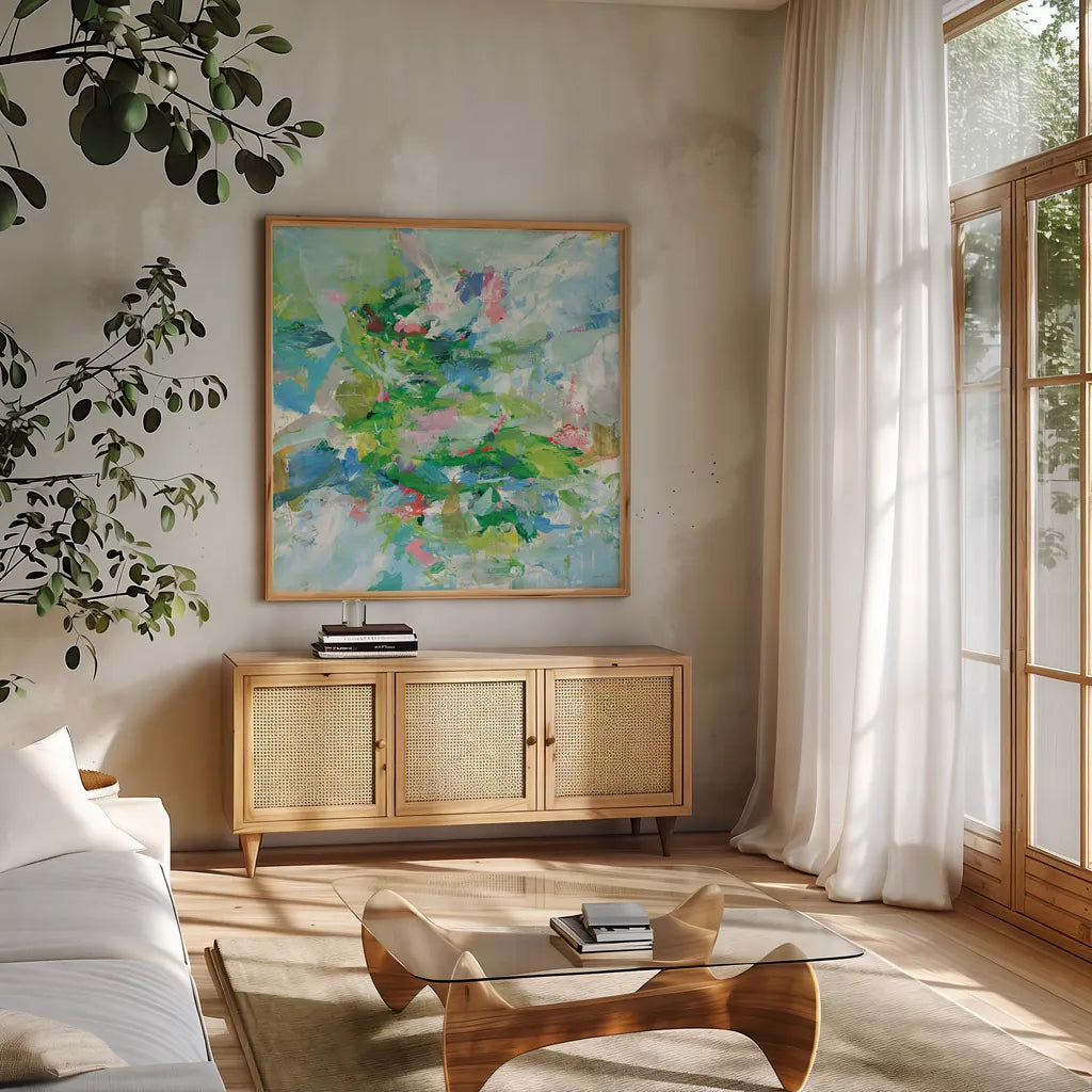 Exuding Summer by Danhui Nai. Shown in a natural wood frame in a cozy modern living room. Available as an archival giclee rolled canvas, fine art paper, or poster print. SKU 79149a.