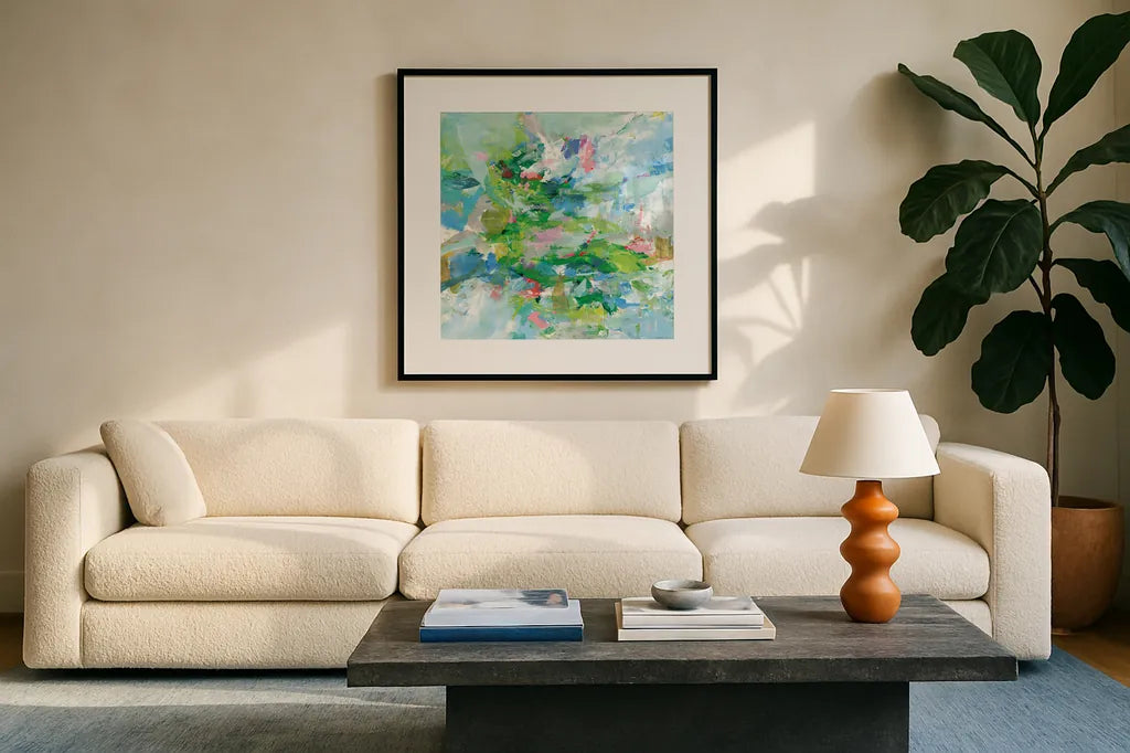 Exuding Summer by Danhui Nai. Displayed in a glass frame with matte in a clean modern living room. Available as an archival giclee rolled canvas, fine art paper, or poster print. SKU 79149a.