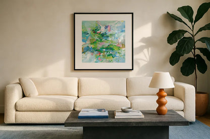 Exuding Summer by Danhui Nai. Displayed in a glass frame with matte in a clean modern living room. Available as an archival giclee rolled canvas, fine art paper, or poster print. SKU 79149a.
