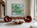 Exuding Summer by Danhui Nai. Shown as extra-large giant wall art in a modern living room. Available as an archival giclee rolled canvas, fine art paper, or poster print. SKU 79149a.