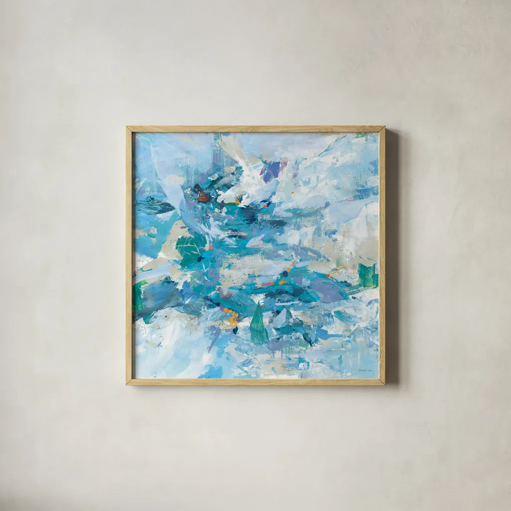 Exuding Summer Blue by Danhui Nai. Shown in a natural wood glass frame for a timeless modern aesthetic. Available as an archival giclee rolled canvas, fine art paper, or poster print. SKU 79506a.