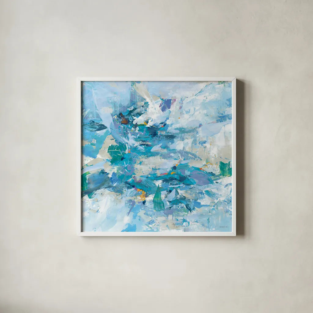 Exuding Summer Blue by Danhui Nai. Shown in a crisp white glass frame for a clean and minimalist style. Available as an archival giclee rolled canvas, fine art paper, or poster print. SKU 79506a.