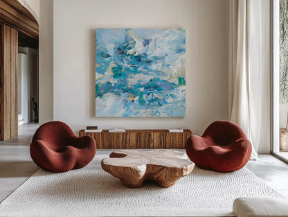 Exuding Summer Blue by Danhui Nai. Shown as extra-large giant wall art in a modern living room. Available as an archival giclee rolled canvas, fine art paper, or poster print. SKU 79506a.