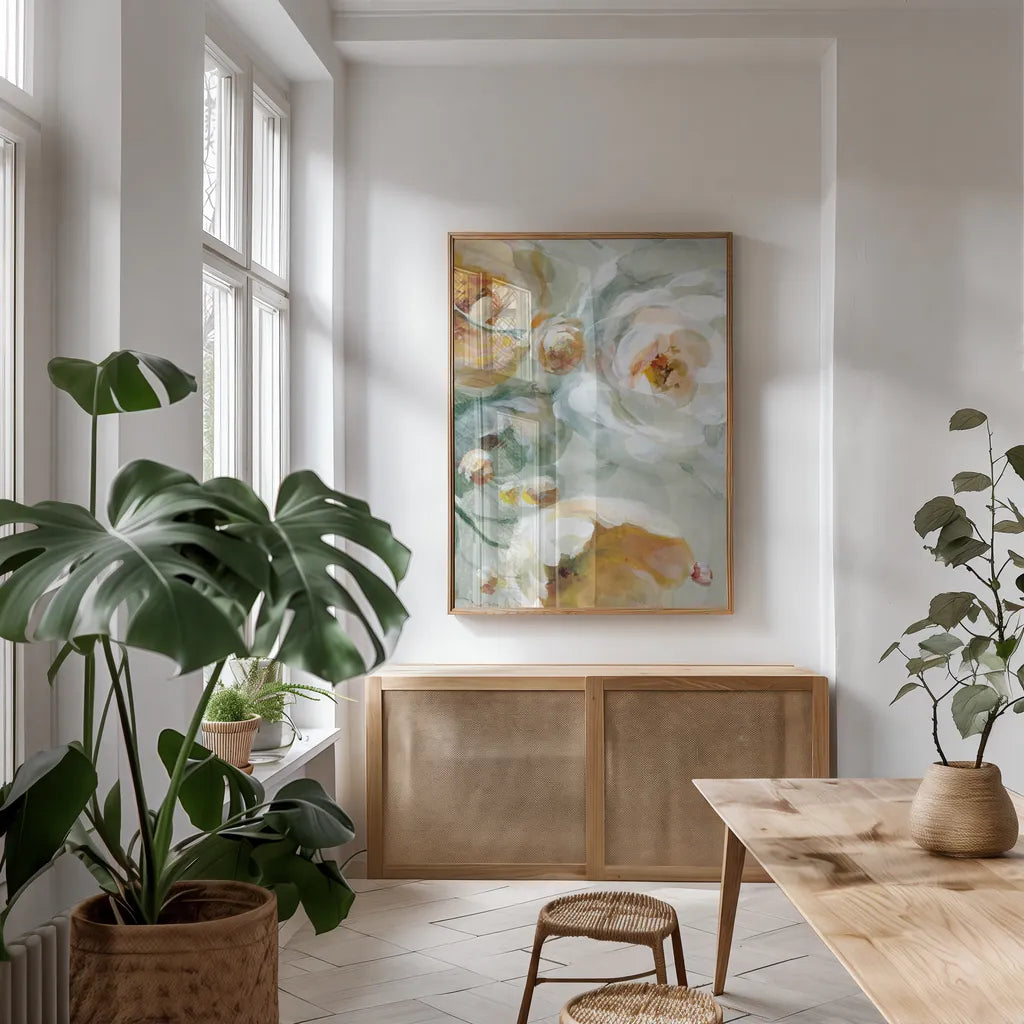 Fall Blossoms Panel I by Danhui Nai. shown as a print in a natural wood frame in a dining room. Available as a archival giclee rolled canvas, fine art paper, or poster print. SKU 99166h.