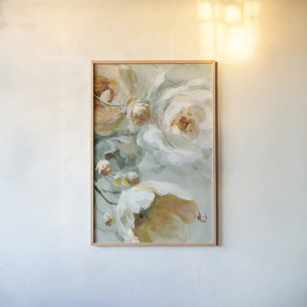 Fall Blossoms Panel I by Danhui Nai. shown as a paper print in a natural frame. Available as a archival giclee rolled canvas, fine art paper, or poster print. SKU 99166h.