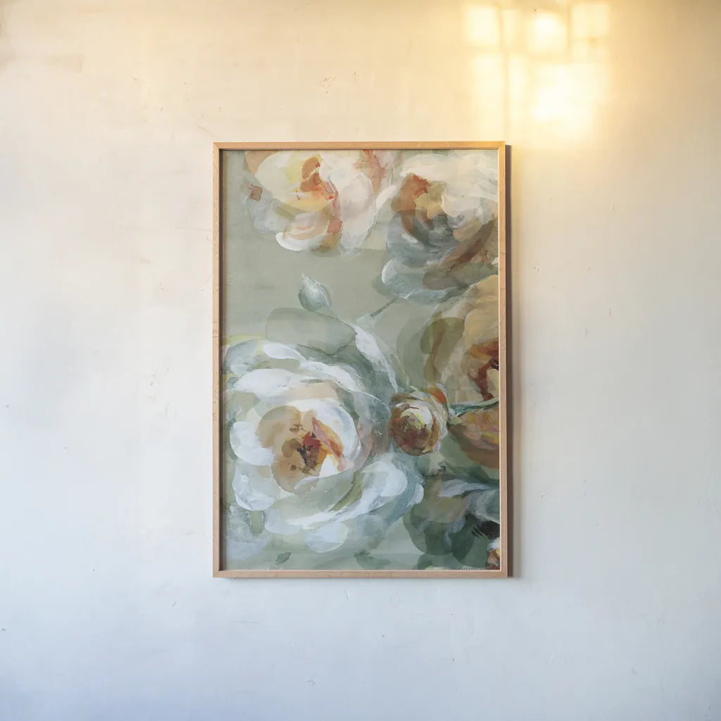 Fall Blossoms Panel II by Danhui Nai. shown as a paper print in a natural frame. Available as a archival giclee rolled canvas, fine art paper, or poster print. SKU 99169h.