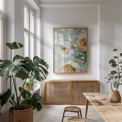 Fall Blossoms Panel III by Danhui Nai. shown as a print in a natural wood frame in a dining room. Available as a archival giclee rolled canvas, fine art paper, or poster print. SKU 99170h.