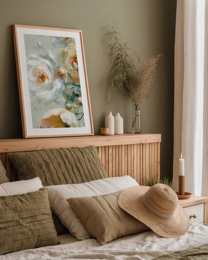 Fall Blossoms Panel III by Danhui Nai. shown as a paper print in a natural frame. Available as a archival giclee rolled canvas, fine art paper, or poster print. SKU 99170h.