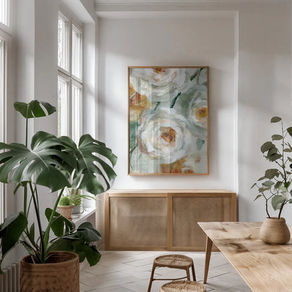 Fall Blossoms Panel IV by Danhui Nai. shown as a print in a natural wood frame in a dining room. Available as a archival giclee rolled canvas, fine art paper, or poster print. SKU 99171h.
