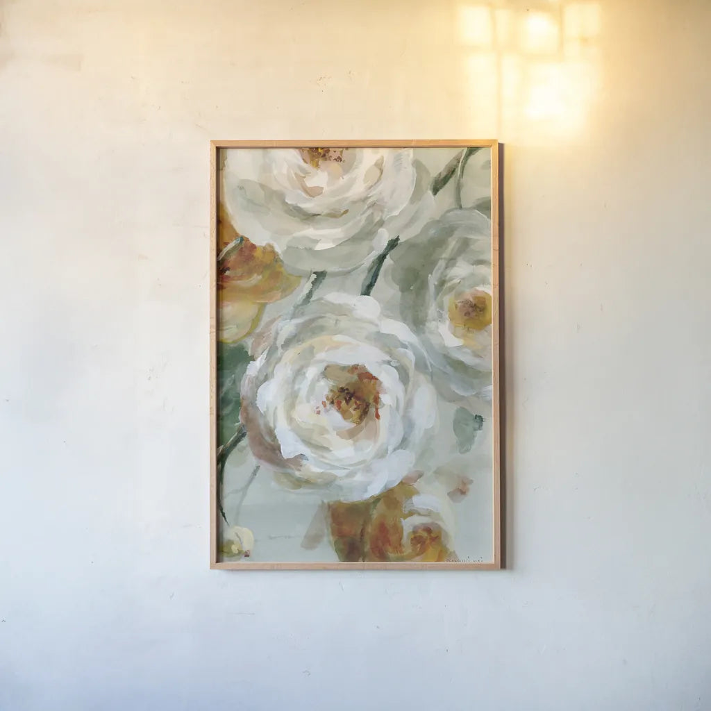 Fall Blossoms Panel IV by Danhui Nai. shown as a paper print in a natural frame. Available as a archival giclee rolled canvas, fine art paper, or poster print. SKU 99171h.