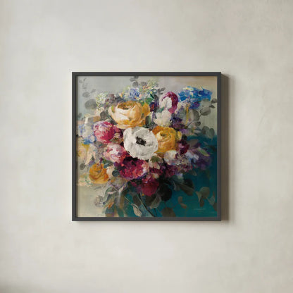 Fall Bouquet by Danhui Nai. Shown in a sleek black glass frame for a contemporary gallery look. Available as an archival giclee rolled canvas, fine art paper, or poster print. SKU 42123a.