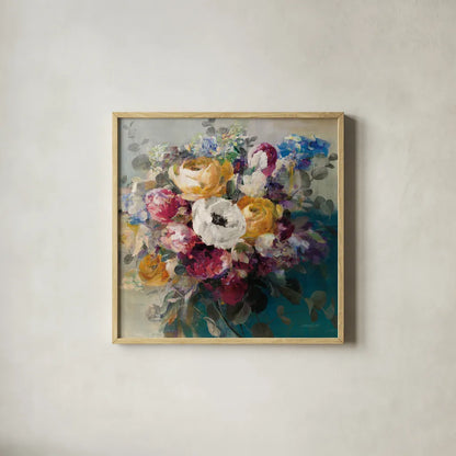 Fall Bouquet by Danhui Nai. Shown in a natural wood glass frame for a timeless modern aesthetic. Available as an archival giclee rolled canvas, fine art paper, or poster print. SKU 42123a.